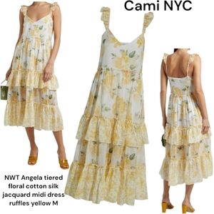 Cami NYC Angela tiered floral cotton silk jacquard midi dress ruffles yellow M